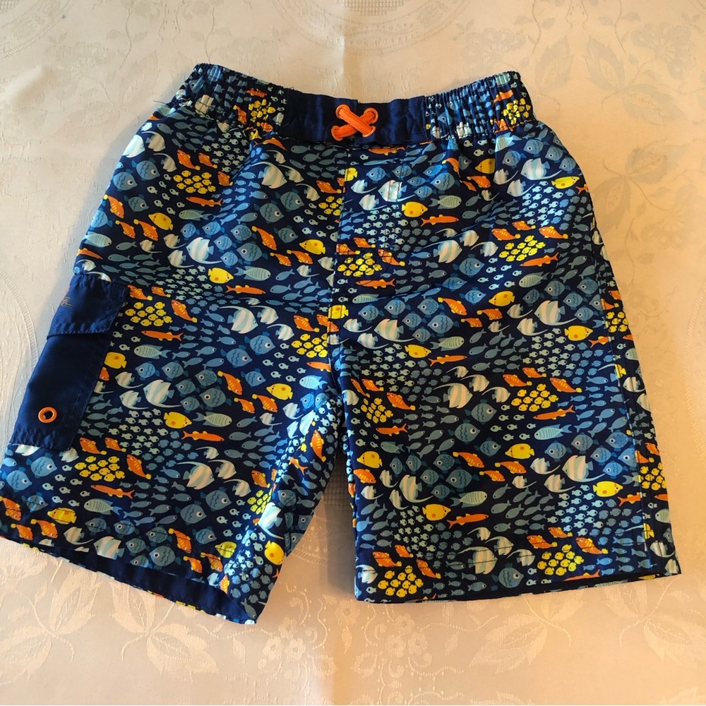 UVSkinz Boys Size 5 Blue Fish Swimming Trunks Baiting Shorts Mesh Lining Pocket